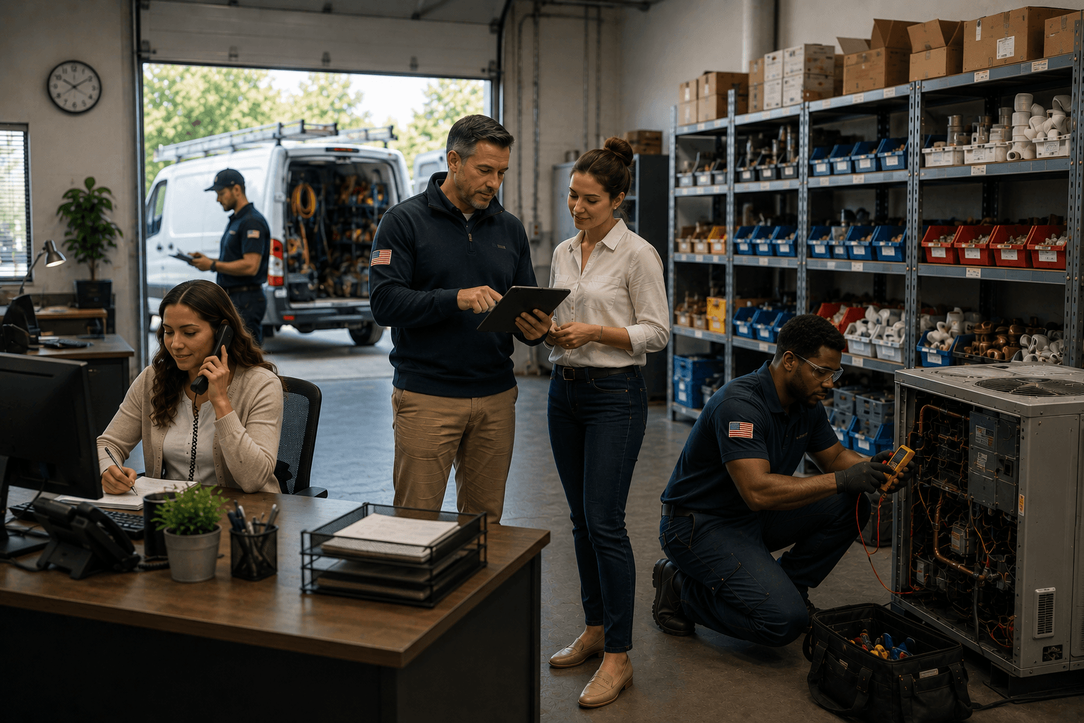 Office and warehouse with an HVAC technician at a unit, a person at a desk, and two people looking at a tablet
